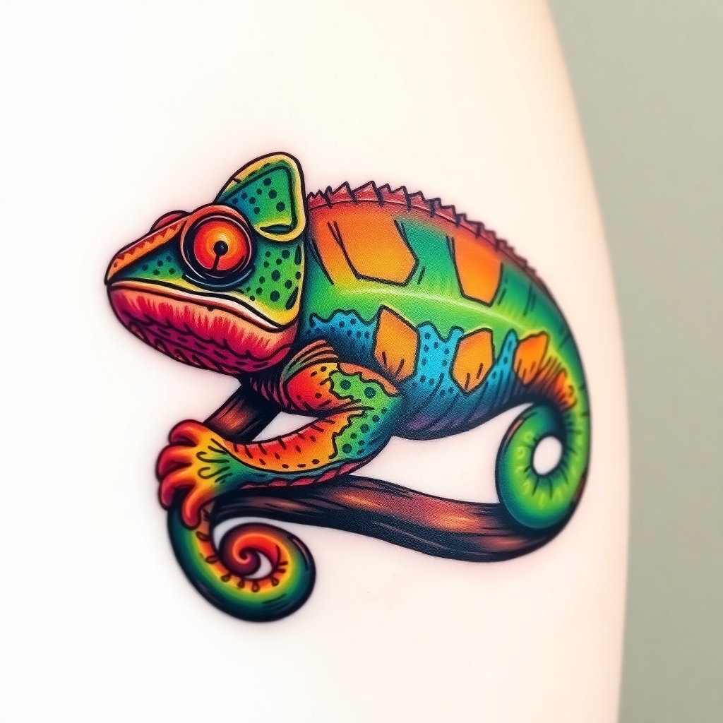 Vibrant chameleon tattoo showcasing intricate textures and vivid colors, set against a solid white background for inspiration.