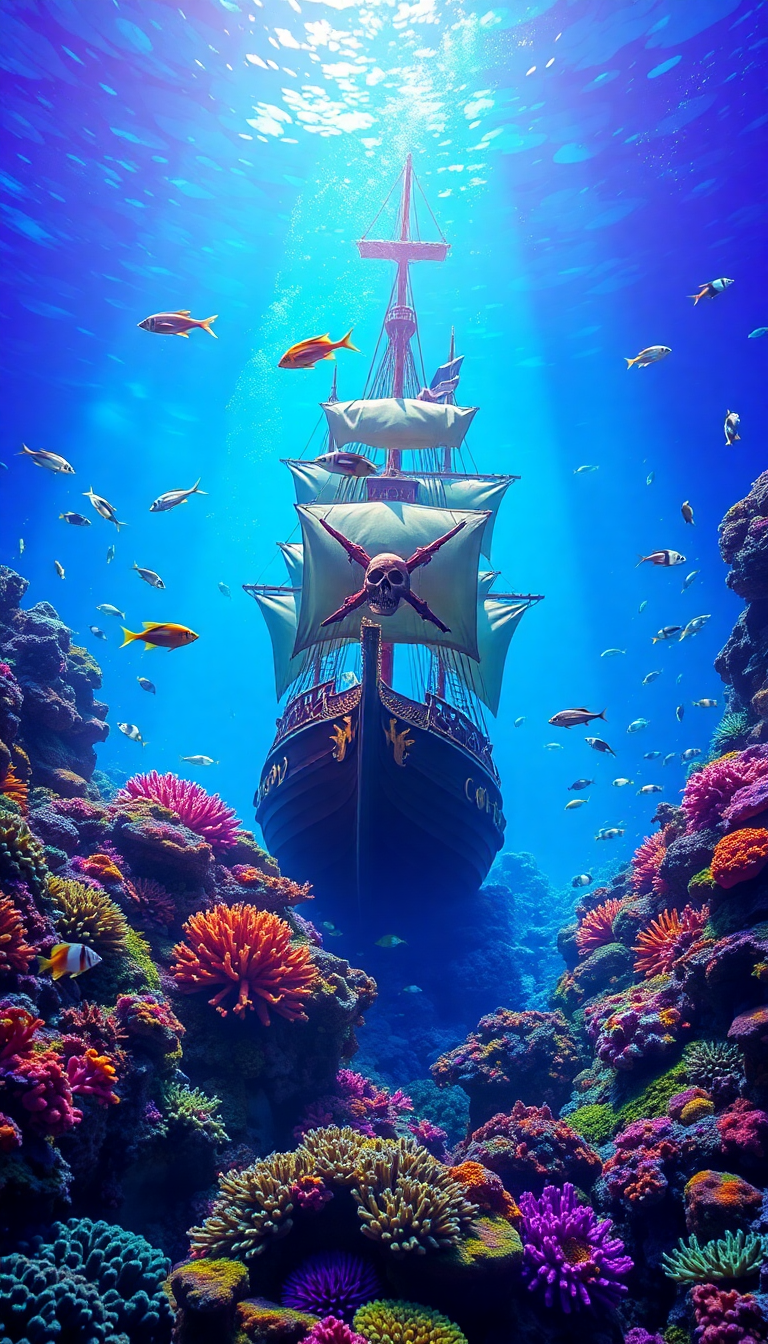 Vibrant underwater scene with a majestic pirate ship, colorful coral reefs, and tropical fish, ideal for aquarium backgrounds.