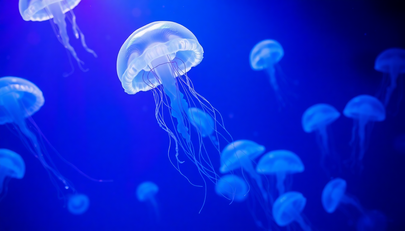 Blue jellyfish swimming gracefully in vibrant blue and purple waters, creating an ethereal underwater scene for jellyfish wallpaper.