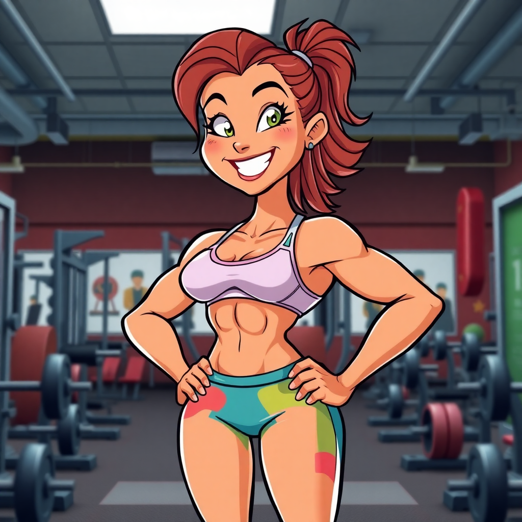 Energetic female bodybuilder in a colorful workout outfit, flexing muscles in a lively gym scene, showcasing cartoon athlete generator theme.
