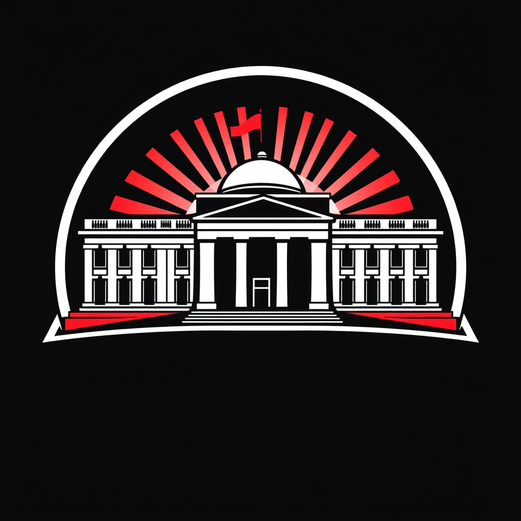 Red, white, and blue vector graphic logo of a national monument, solid black background, bold design –no realistic photo details
