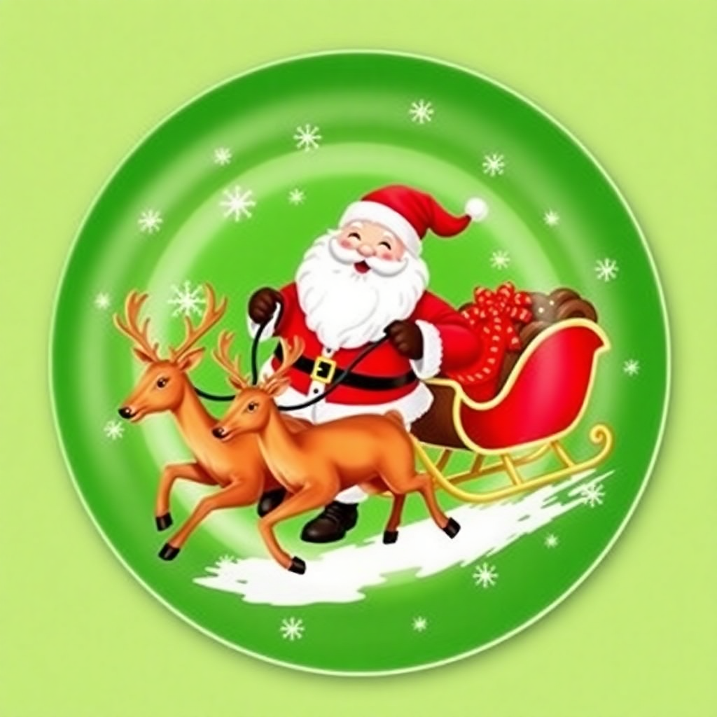 Festive dinner plate featuring Santa Claus with reindeer, perfect for DIY Christmas plate designs and holiday pottery painting ideas.