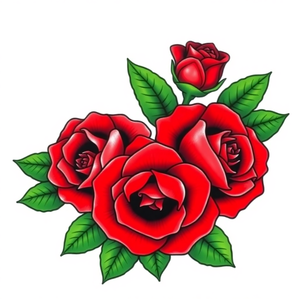 Vibrant American Traditional tattoo design featuring bold red roses and lush green leaves, perfect for a shoulder tattoo.