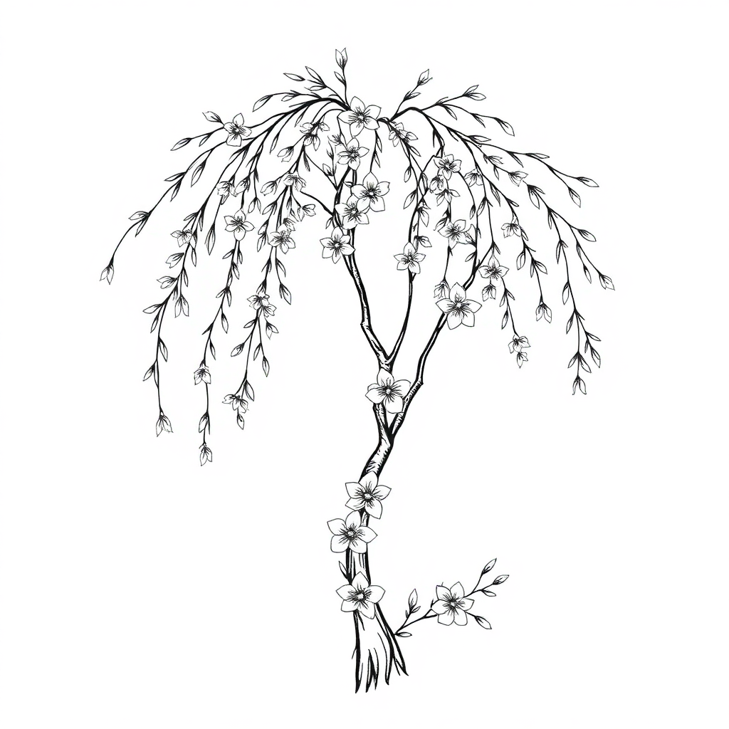 Delicate large willow tree tattoo with flowing branches and flowers, showcasing a minimalist design on a white background.