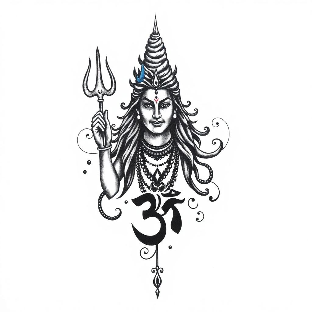 Intricate Lord Shiva tattoo featuring a Trishul and Om symbol, surrounded by swirling patterns on a solid white background.