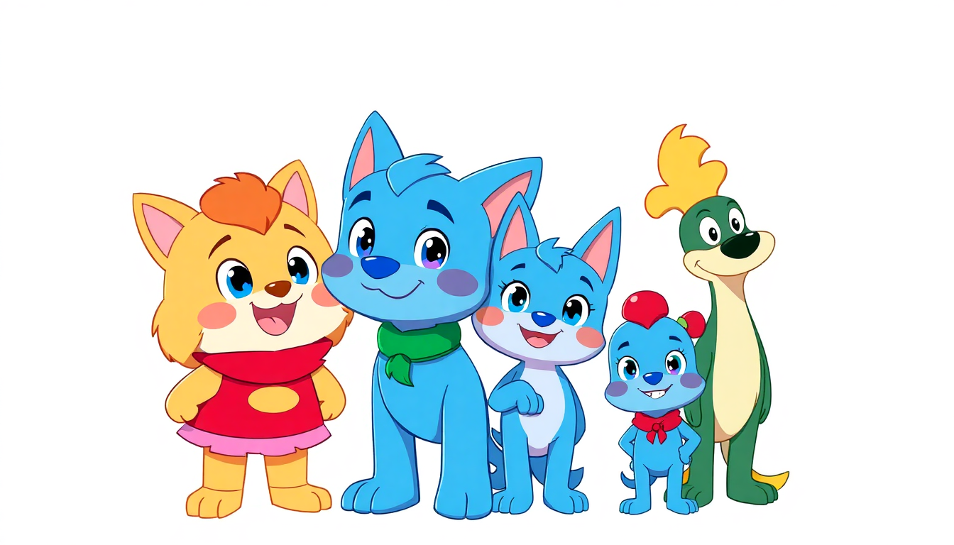 Bluey family characters, Bluey, Bingo, Bandit, and Chilli, standing together with a transparent background for versatile use.