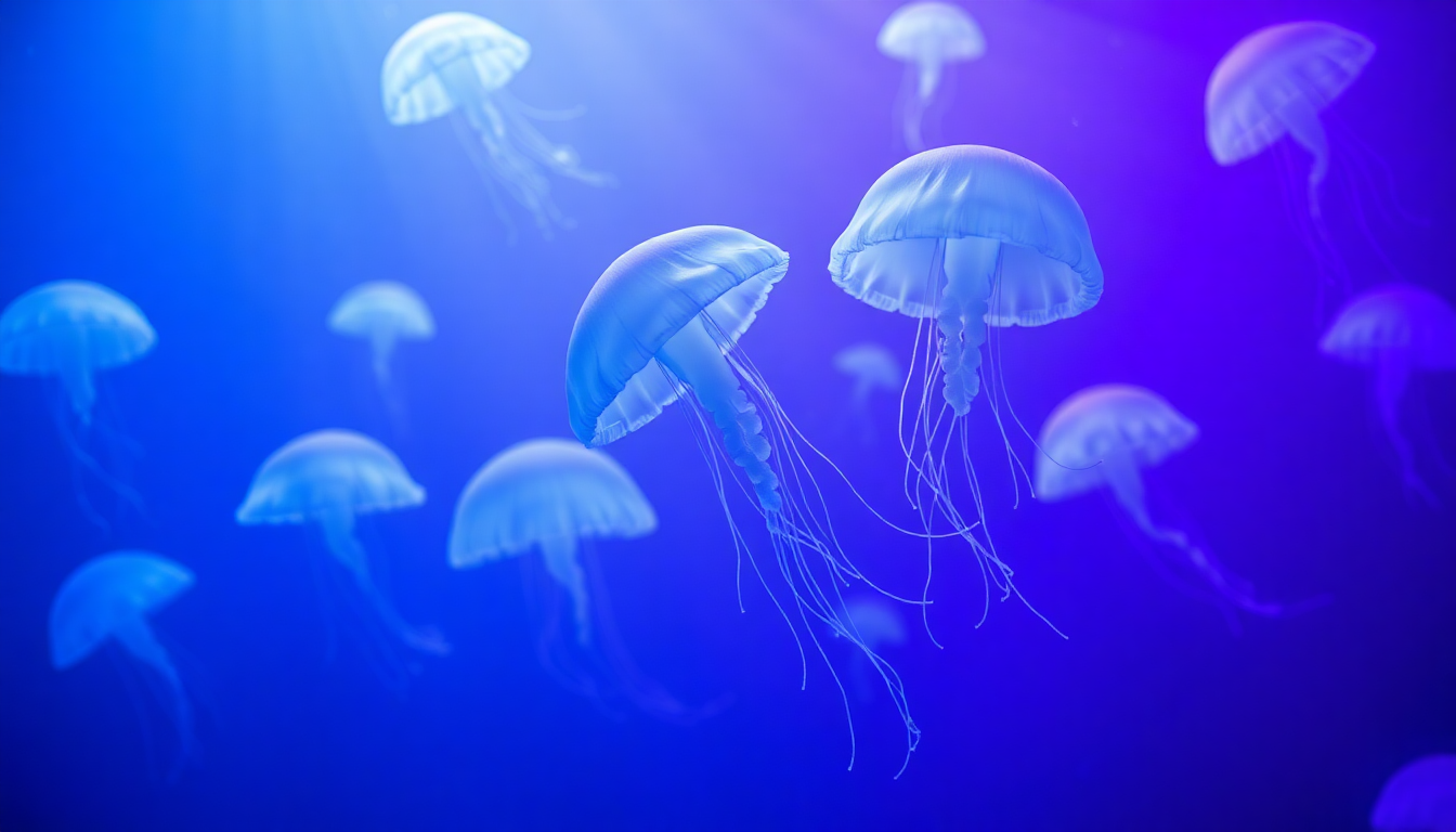 Blue jellyfish swimming gracefully in cool blue and purple waters, enhanced by glowing animations, perfect for jellyfish wallpaper.