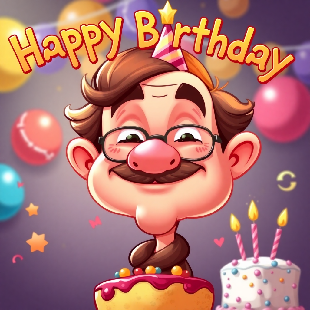 A cartoonish-style caricature celebrating a birthday, featuring vibrant colors and festive elements. 