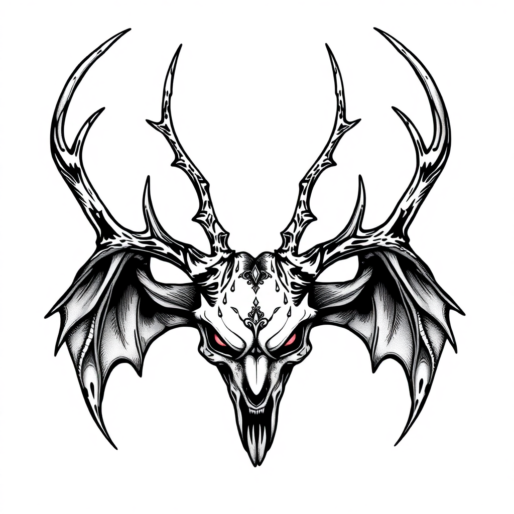 Traditional Wendigo tattoo design showcasing detailed antlers, embodying the mythical creature's haunting essence on a white background.