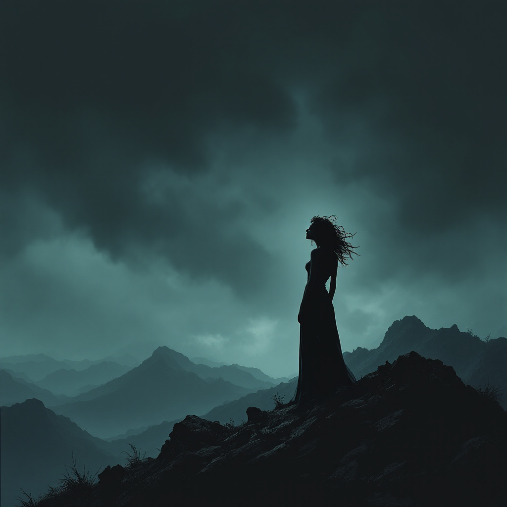 Dramatic film noir caricature of a broken woman on a mountain, her sorrowful silhouette against a dark, moody sky.