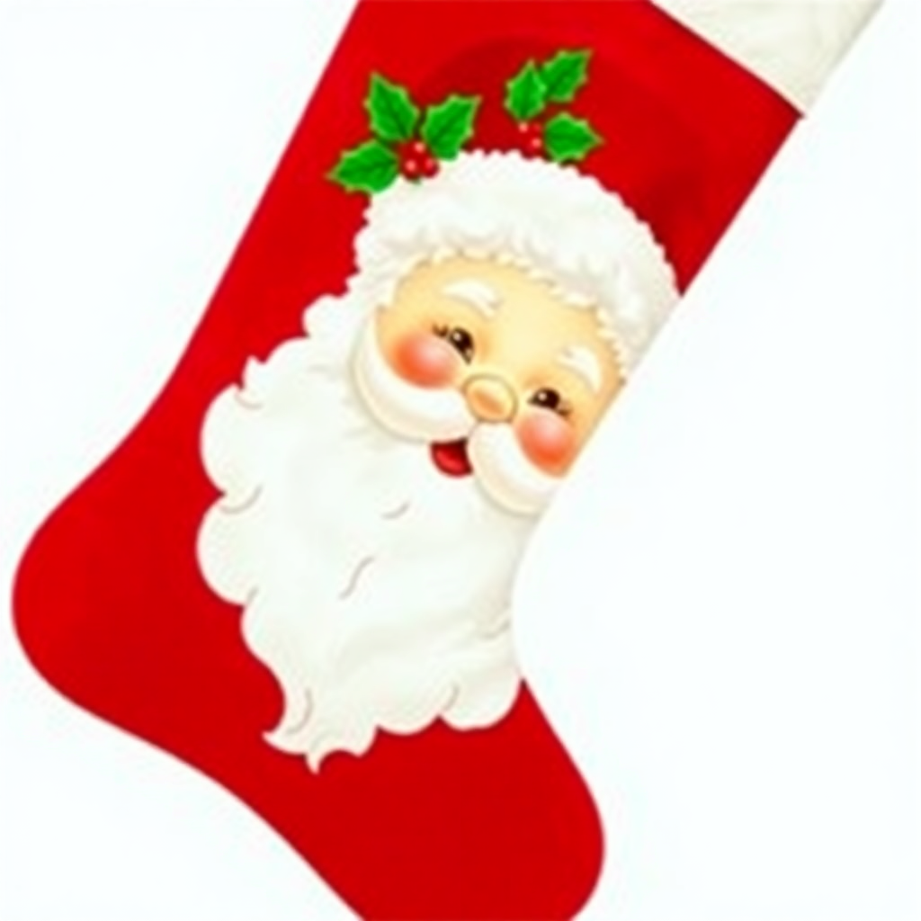 A vibrant red Christmas stocking features a jolly Santa Claus, surrounded by green holly leaves and berries, perfect for festive decorating ideas.