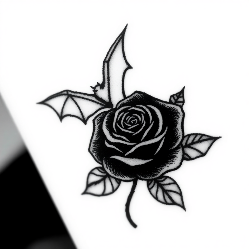 Minimalistic black and white grunge tattoo featuring bats around a black rose, ideal for grunge tattoo ideas and designs.