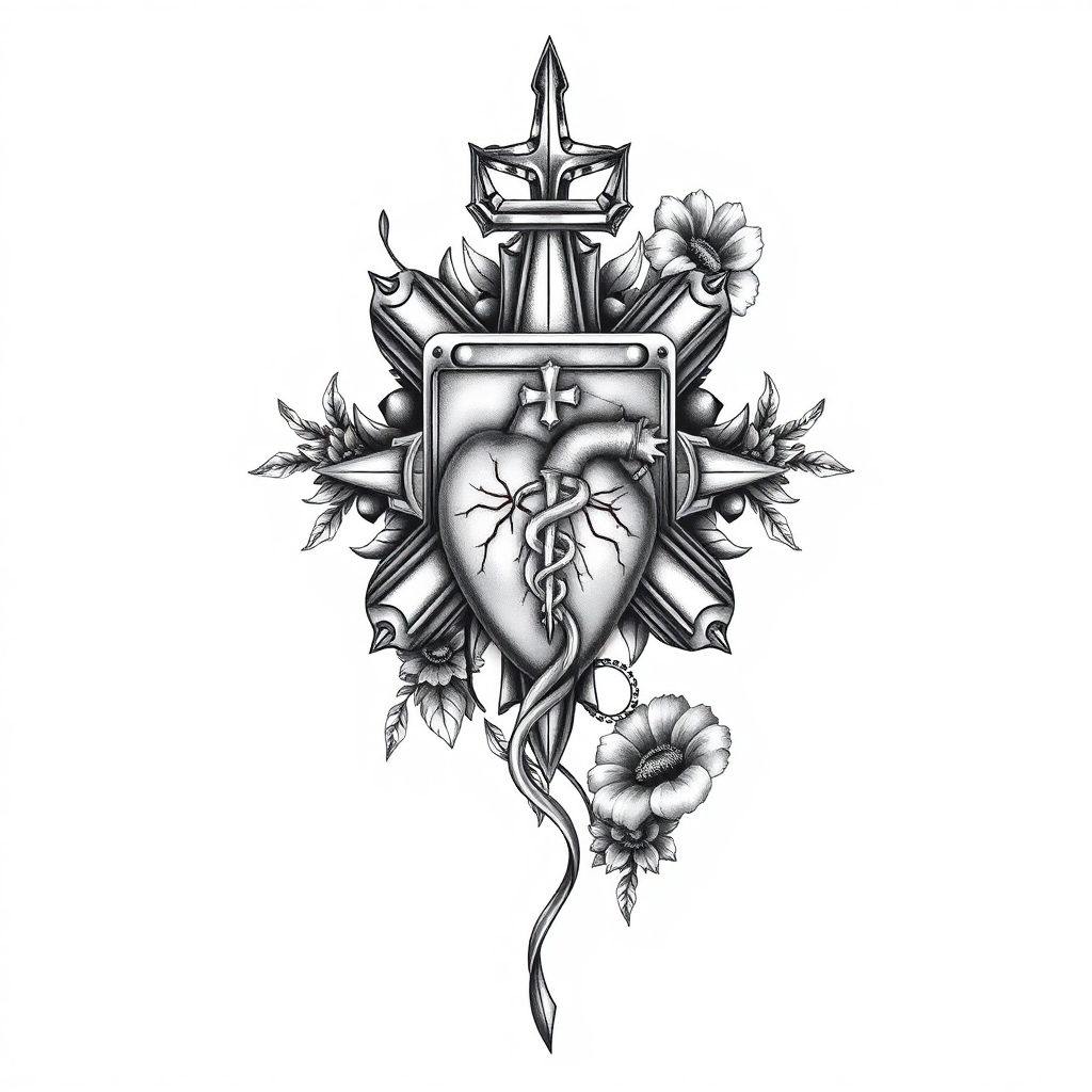 Full sleeve tattoo featuring a detailed Star of Life intertwined with an ambulance, heartbeat line, caduceus, and anatomical heart.