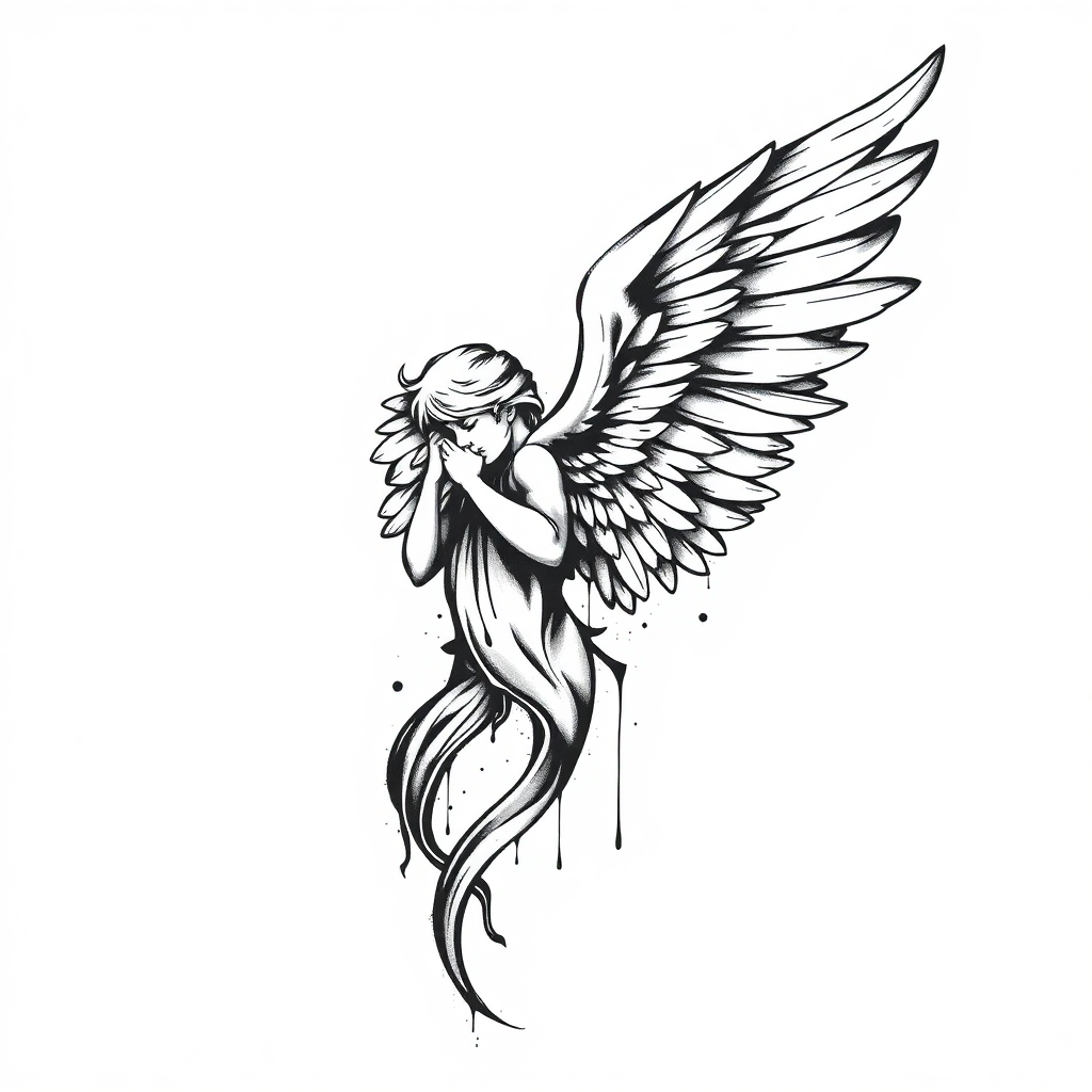 Realistic medium black and white graffiti angel tattoo design featuring detailed wings, solid white background
