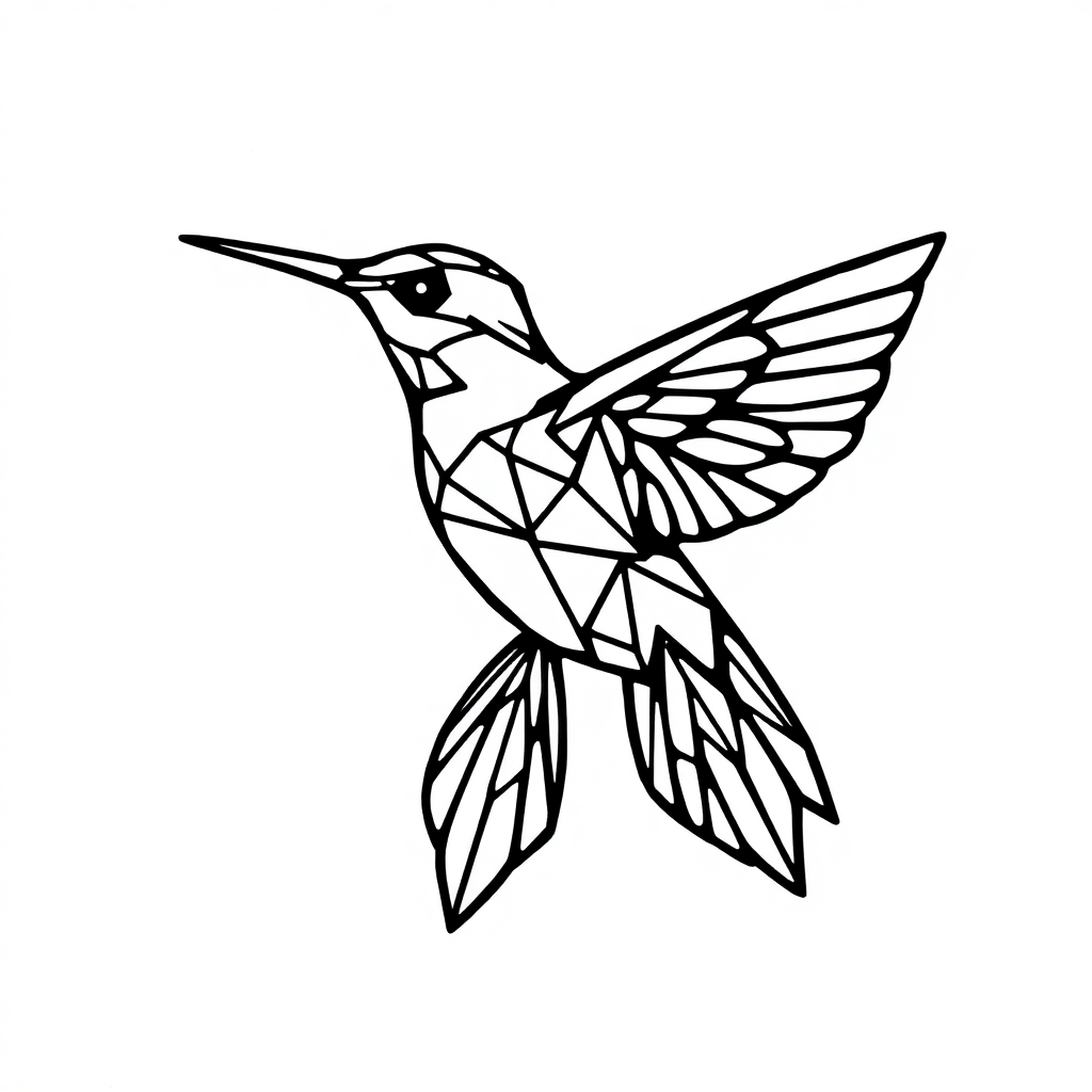 Intricate black and white geometric hummingbird tattoo design with detailed lines, set against a solid white background.