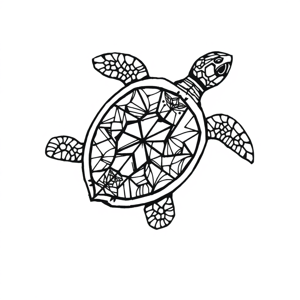 Intricate blackwork turtle tattoo design featuring geometric patterns and bold lines on a white background, ideal for tattoo inspiration.