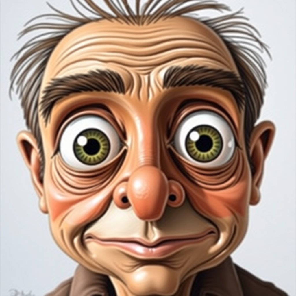 Folk art caricature featuring exaggerated facial features and large eyes, showcasing a humorous style perfect for online caricature creation.
