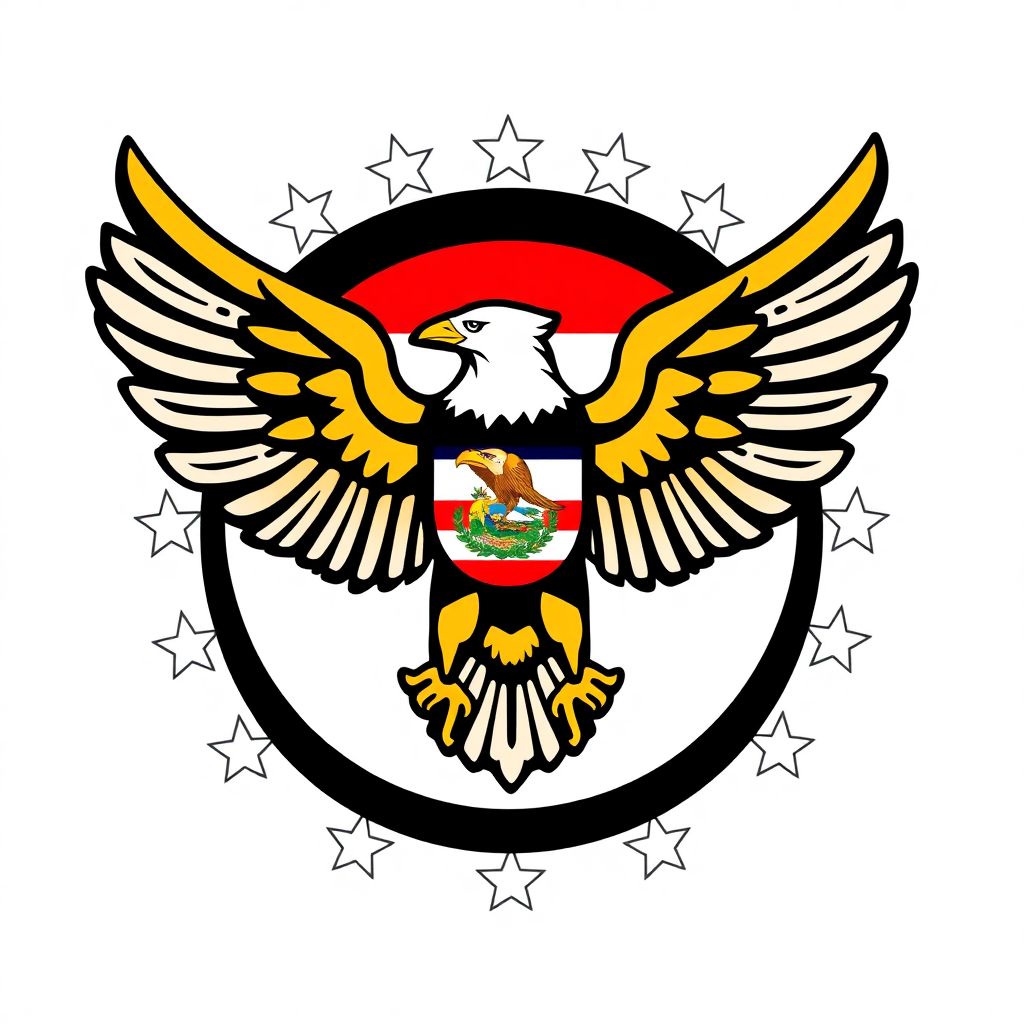 Bold eagle with outstretched wings in black and gold, featuring Costa Rica flag elements, symbolizes military strength and honor.
