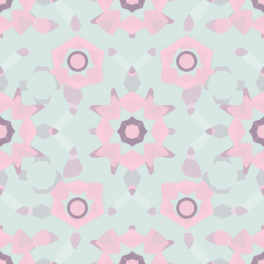 Seamless geometric pattern in soft pastels of pinks, blues, and purples, featuring hexagons, circles, and triangles for background design.
