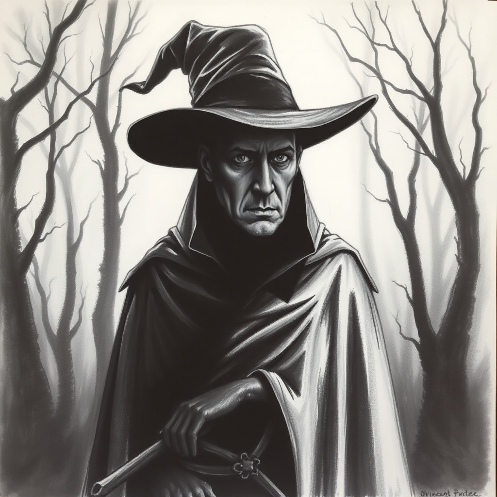 Vincent Price as a witch hunter, cloaked and hat-clad, stands in a shadowy forest, exuding historical intrigue and mystery.