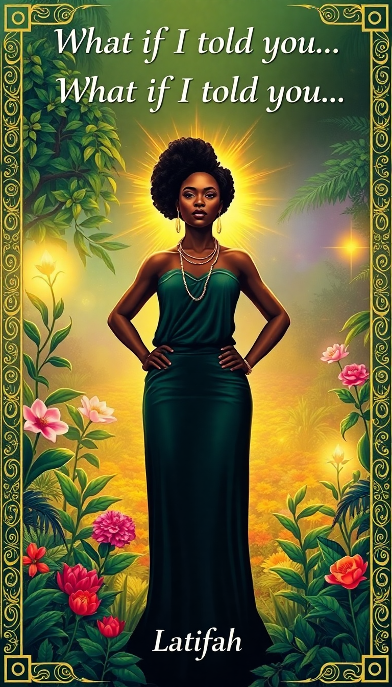 Confident African American woman in a vibrant garden, embodying empowerment, with a spiritual book cover design titled "What if I told you..."