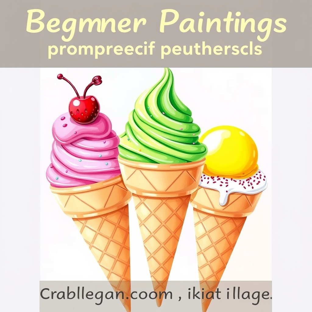 Colorful ice cream cones with strawberry, mint, and lemon flavors, set against a pastel background, perfect for easy summer paintings.