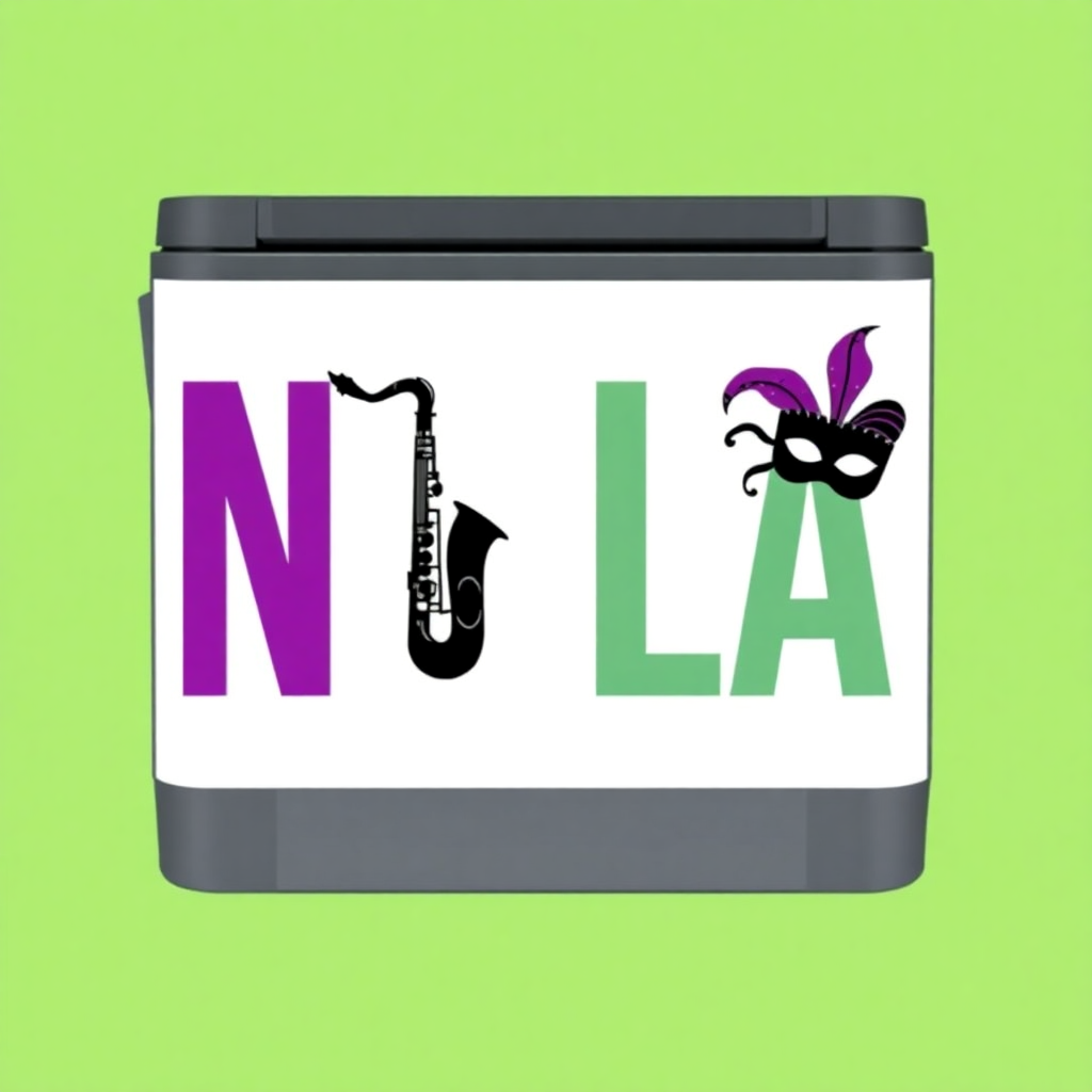 New Orleans-themed cooler design featuring "NOLA" in bold font with a saxophone and Mardi Gras mask, perfect for fraternity formals.