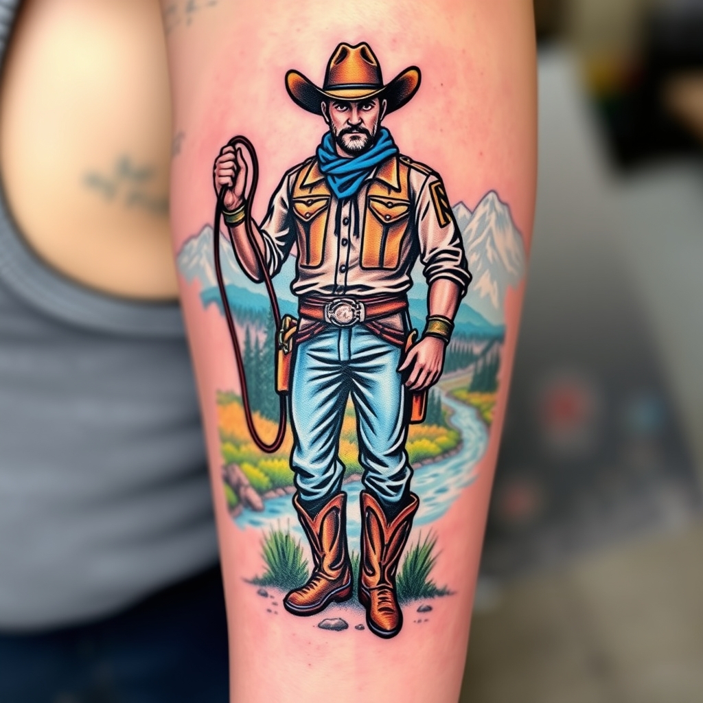 Intricate half sleeve tattoo featuring a confident cowboy with a lasso, set against a vibrant Western forest and mountains.