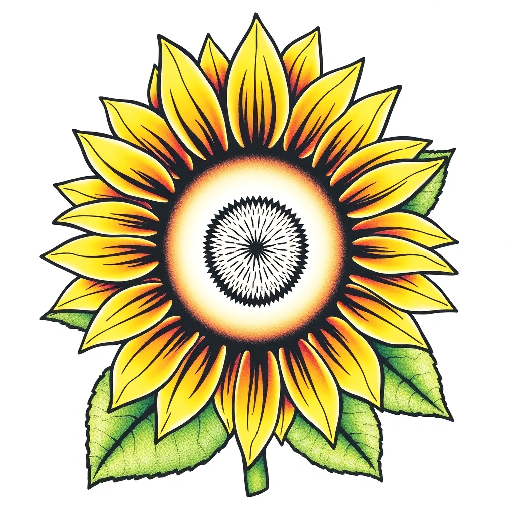 Vibrant American Traditional sunflower tattoo design with bold outlines and detailed leaves on a solid white background.
