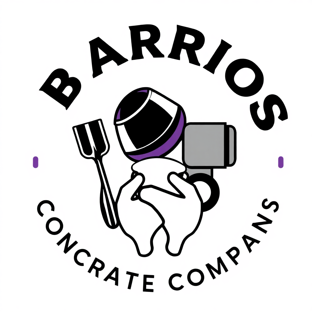 Modern vector logo for Barrios Concrete Company featuring a trowel, concrete mixer, and hands, in black, purple, gray, and white.