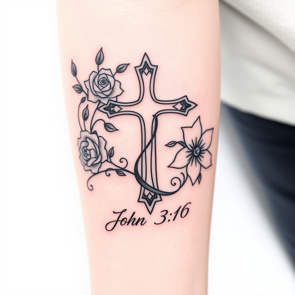 Delicate cross tattoo entwined with roses and lilies, featuring "John 3:16" below, perfect for a meaningful bible verse tattoo.