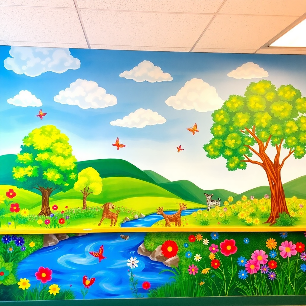 Vibrant mural in a classroom featuring a lush landscape, colorful flowers, a serene river, and playful animals, ideal for classroom wall painting.