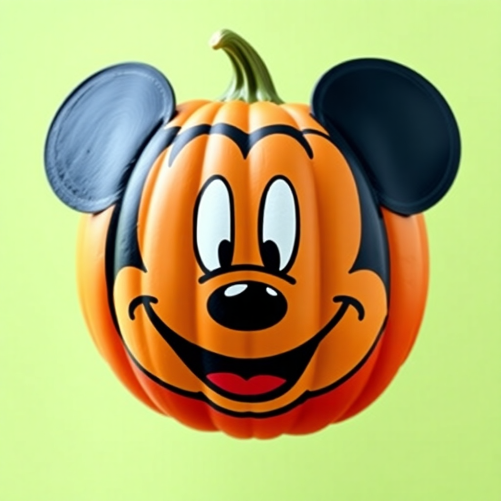 Vibrant Mickey Mouse painted pumpkin with cheerful expression, perfect for unique Disney pumpkin painting ideas.
