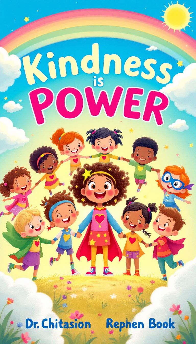 Colorful children's book cover titled "Kindness is Power," featuring diverse kids in superhero costumes under a sunny sky.