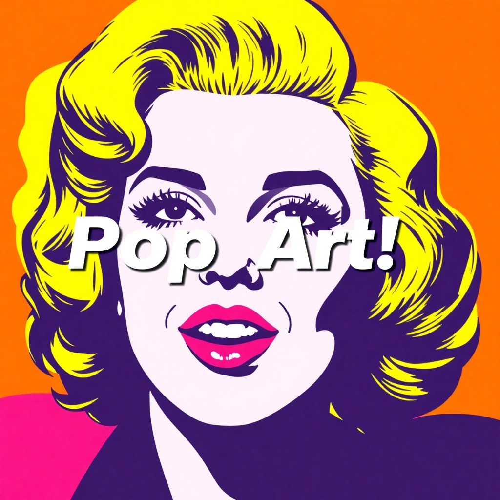 Create a vibrant Andy Warhol-style pop art illustration with the text overlay: "Pop Art!" 
