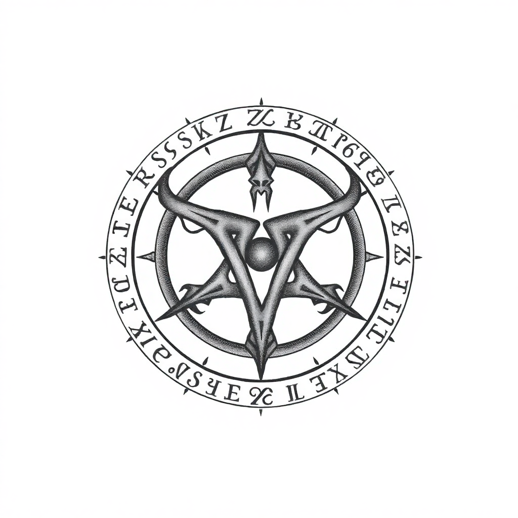 Intricate Tyr symbol tattoo with Norse runes, showcasing bold lines and a mystical aura on a solid white background.