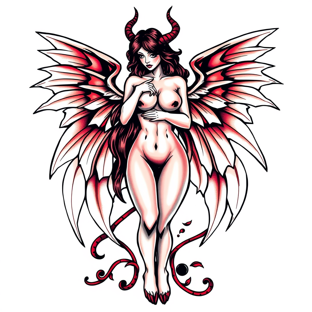 A traditional succubus tattoo design featuring a seductive figure adorned with intricate wings, showcasing bold outlines and vibrant colors, emphasizing the allure and mystique of the succubus. The wings are elegantly spread, creating a captivating visual that draws attention. The overall design is medium-sized, allowing for detailed features and rich color contrasts. 
