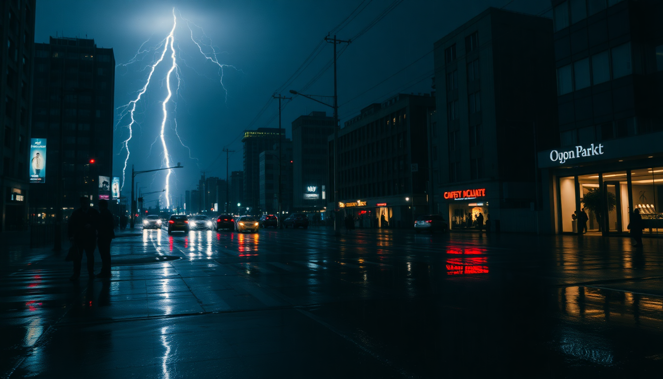 Rainy cityscape at night with dramatic lightning, showcasing reflections on wet streets, perfect for rain wallpaper enthusiasts.