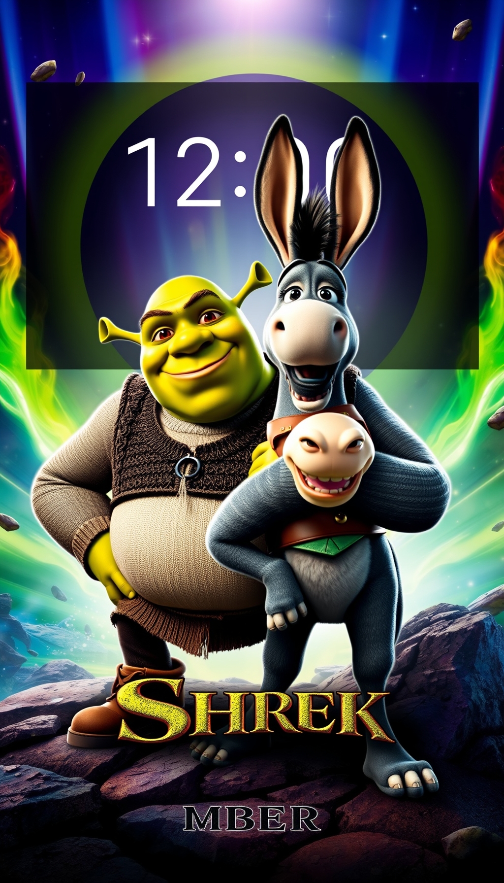 Stylish Shrek and Donkey pose against a vibrant, dynamic background, perfect for a cool Shrek wallpaper on mobile devices.