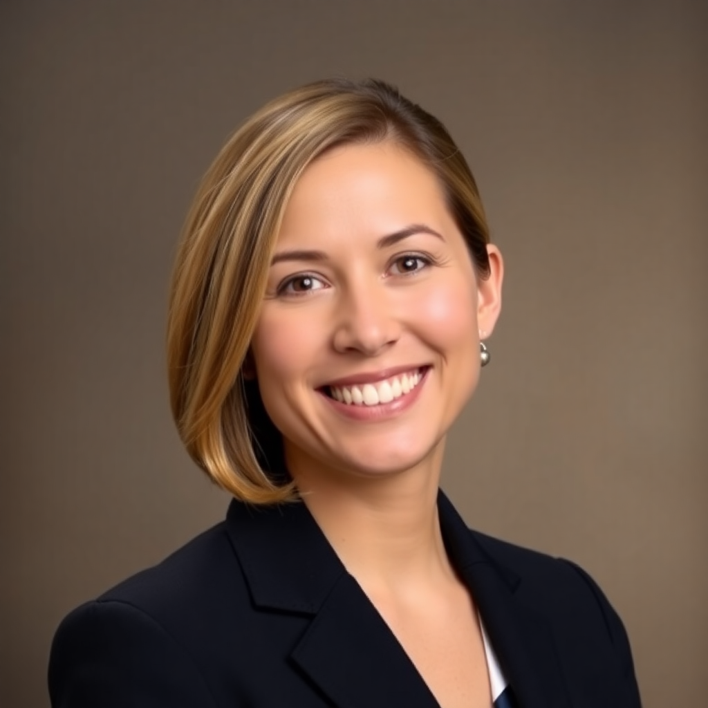 Professional LinkedIn profile portrait featuring a smiling individual in business attire, set against an elegant background.