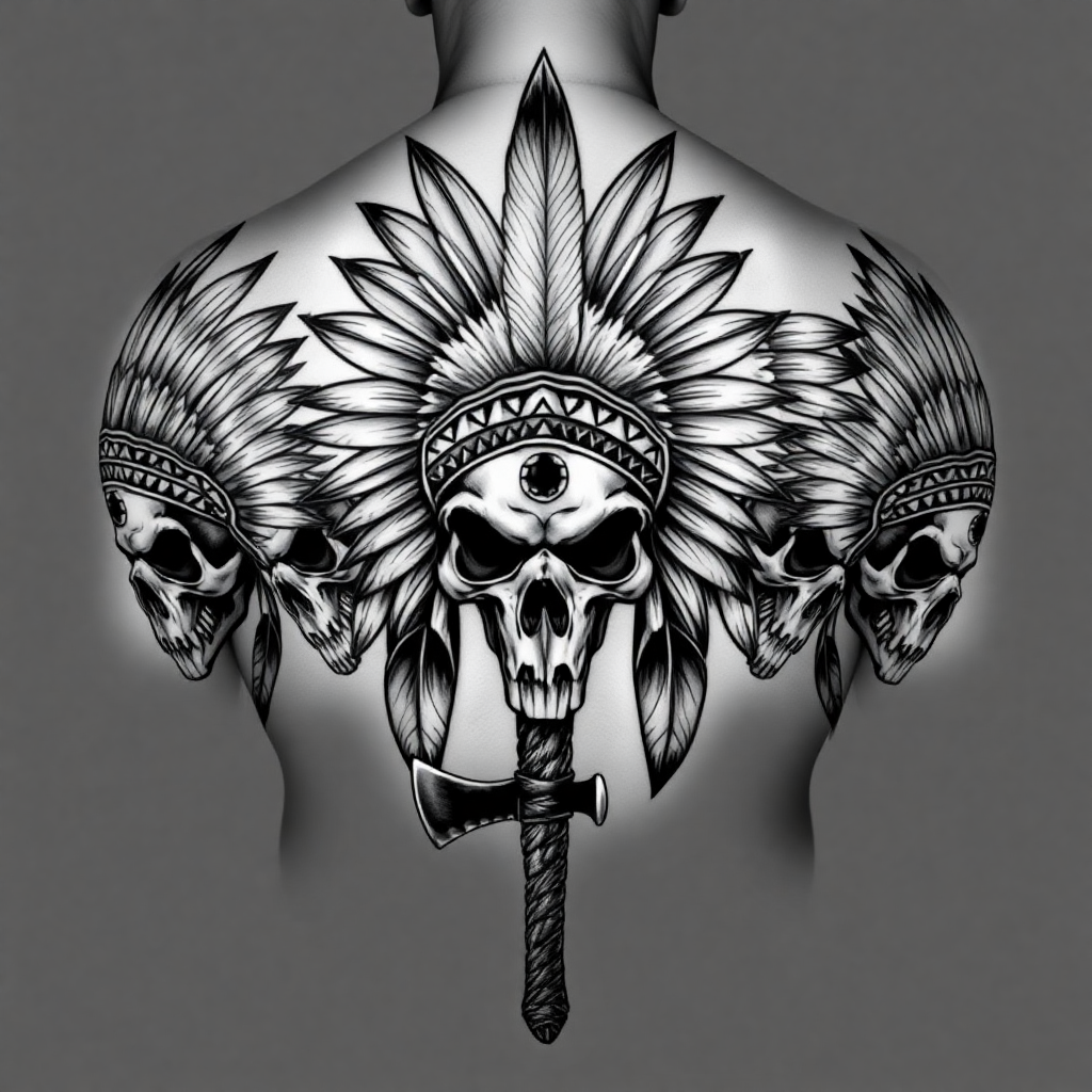 Large black and white tattoo design featuring American Indian skulls with detailed chief headdresses and a tomahawk, perfect for a skull tattoo generator.