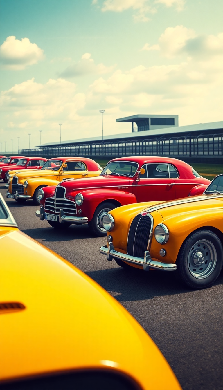 A striking mobile wallpaper showcasing classic cars in red, yellow, and black, set against a vintage race track background.
