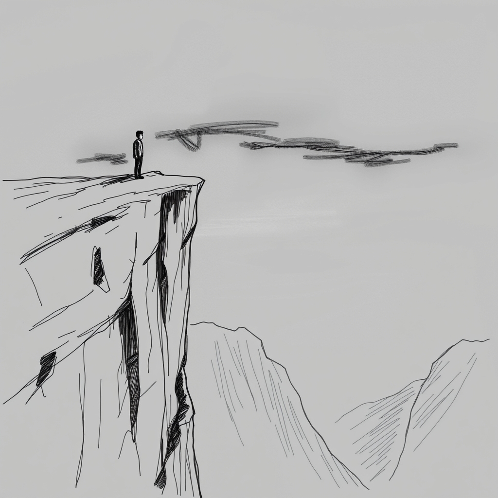 Sketch illustrating a figure on a cliff's edge, embodying fear and anxiety of heights against a dark, ominous sky.