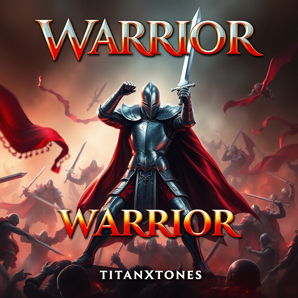 Epic album cover for "Warrior," featuring a knight battling shadowy foes on a chaotic battlefield, designed for dubstep music.