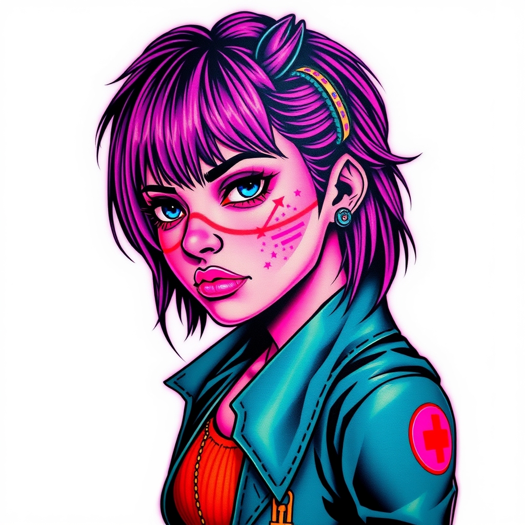 Vibrant tattoo design of Lucy from Cyberpunk Edgerunners, featuring neon colors and intricate futuristic details on a white background.