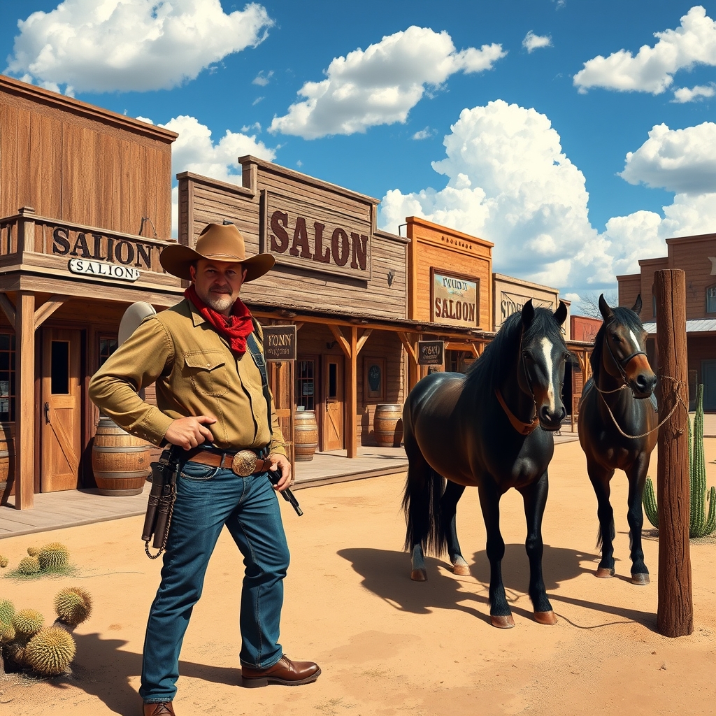 Rugged cowboy stands confidently by a lively saloon in a classic cartoon western scene, with horses and rustic buildings nearby.