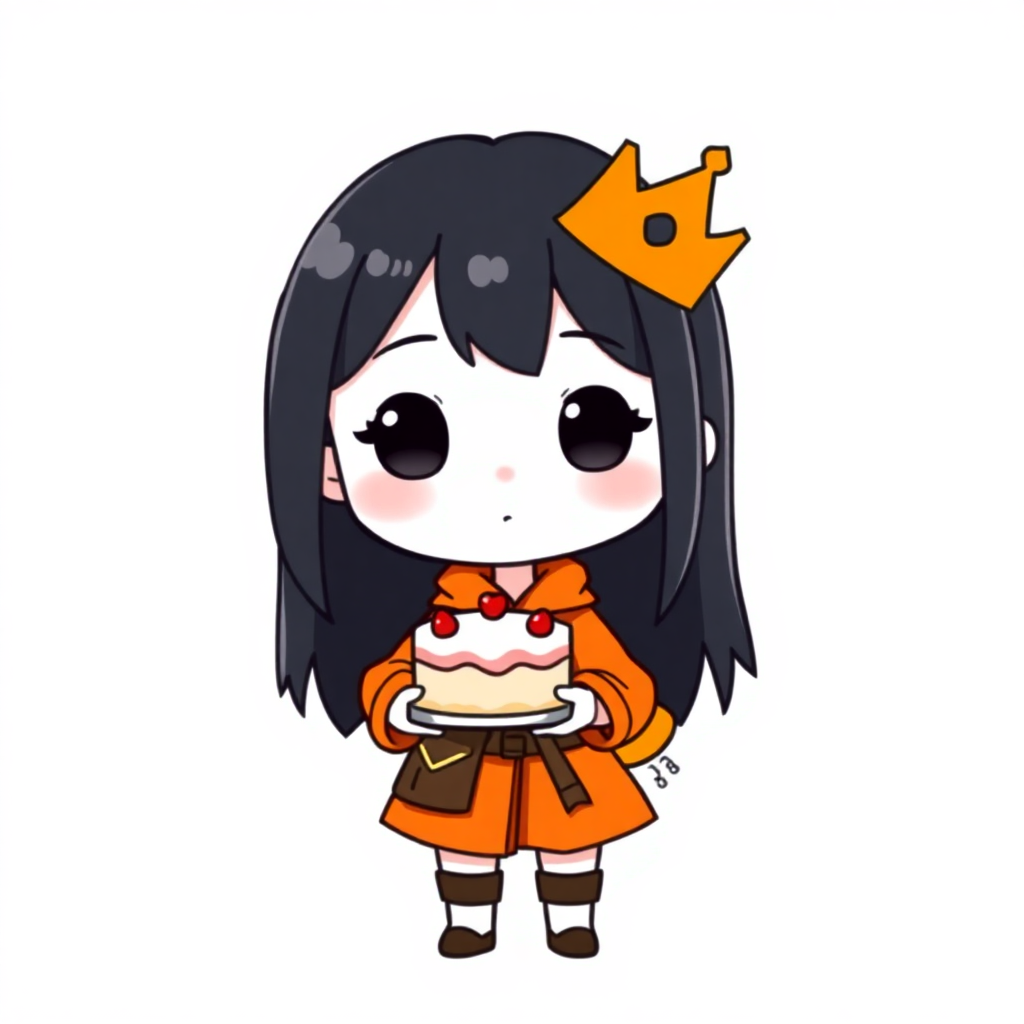 Chibi character Jacqueline, with black hair and an orange outfit, holds a cake against a plain white background.