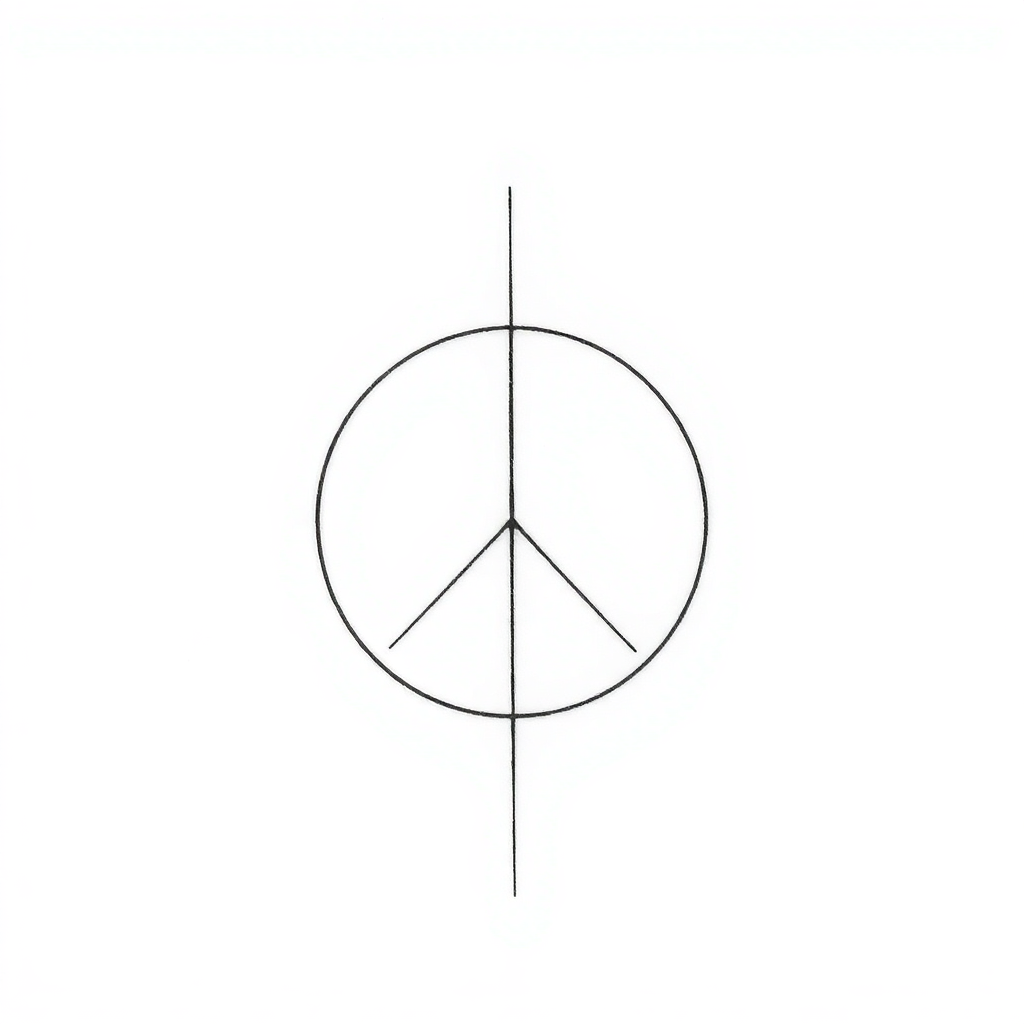 Minimalist fine line tattoo design of a peace symbol, featuring delicate lines on a solid white background, perfect for women.