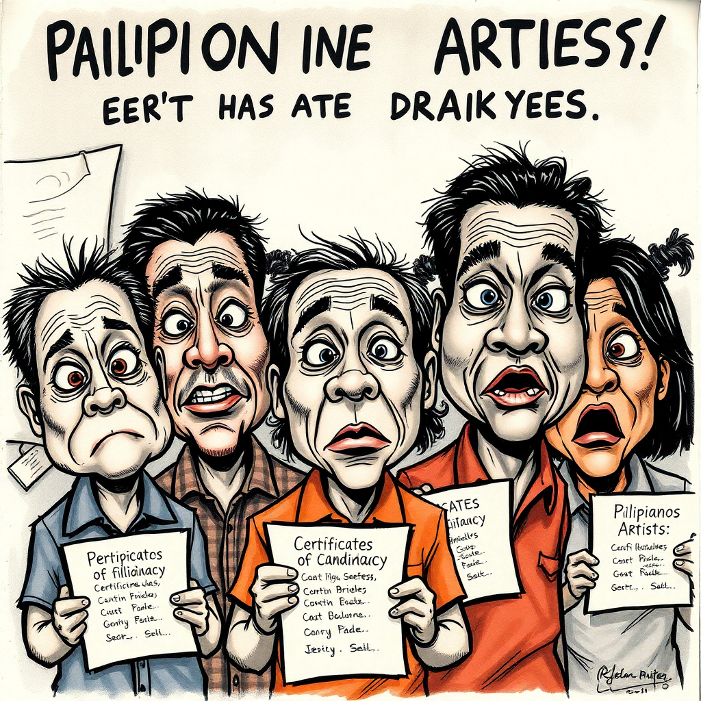 Humorous charcoal caricature of Filipino artists submitting candidacy certificates, showcasing their exaggerated desperation and camaraderie.