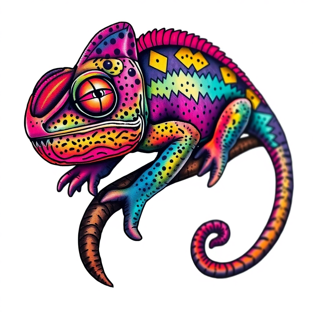 Vibrant chameleon tattoo showcasing intricate textures and patterns, set against a solid white background for chameleon tattoo ideas.